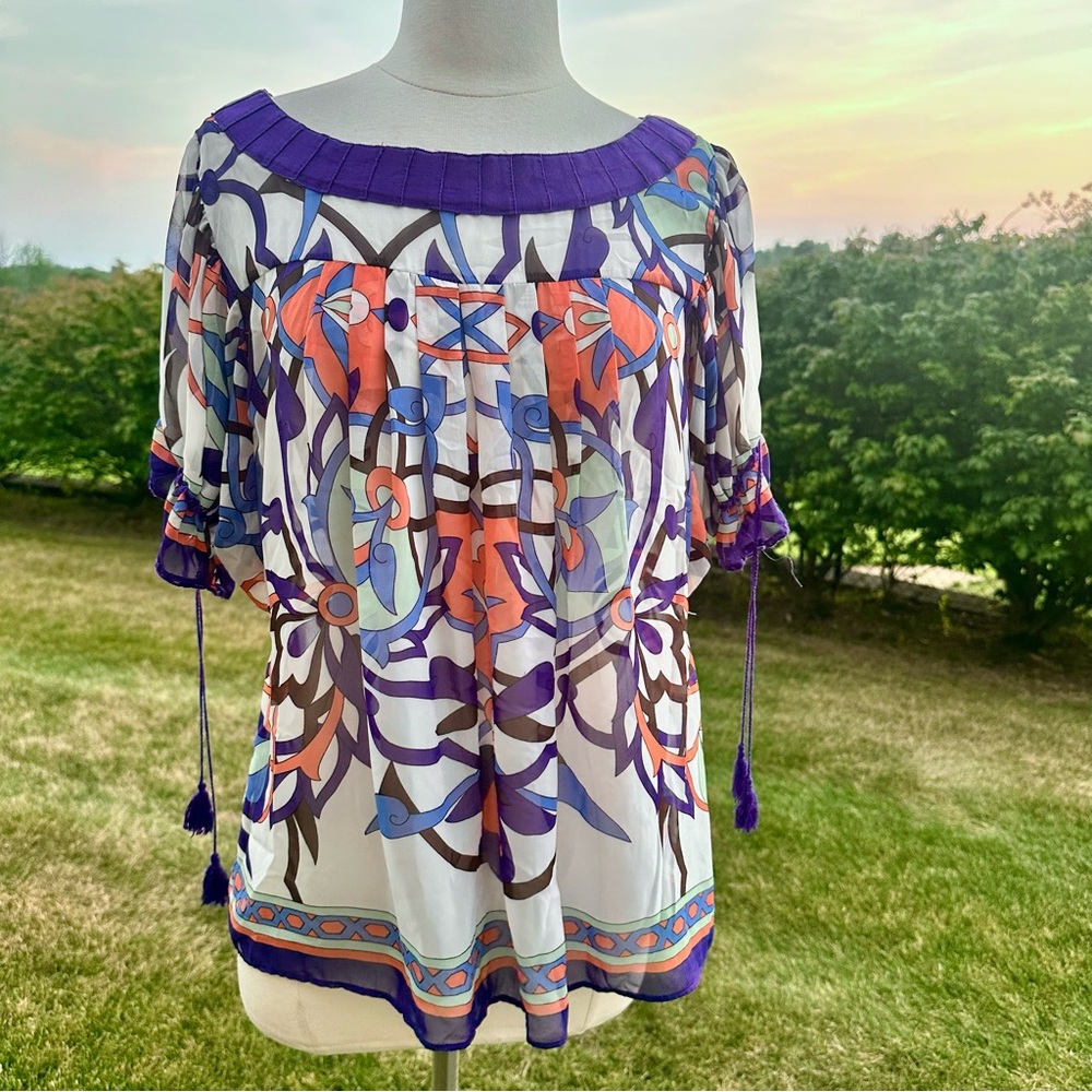NICOLE by NICOLE MILLER Misses size L short sleeve sheer peasant top